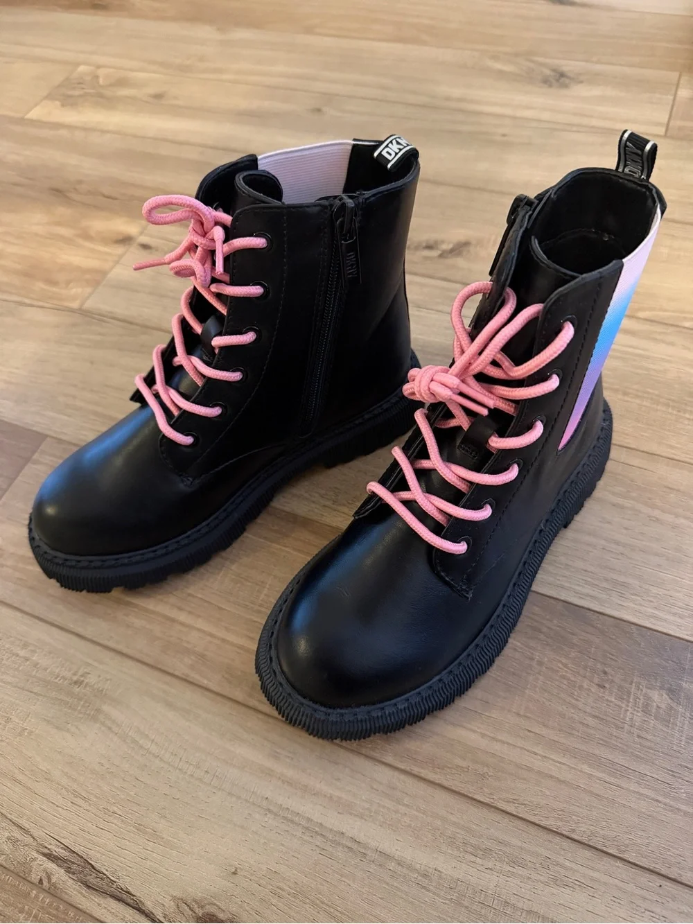 DKNY Girls Black Combat Boots with Pink Laces and Ombre Panel